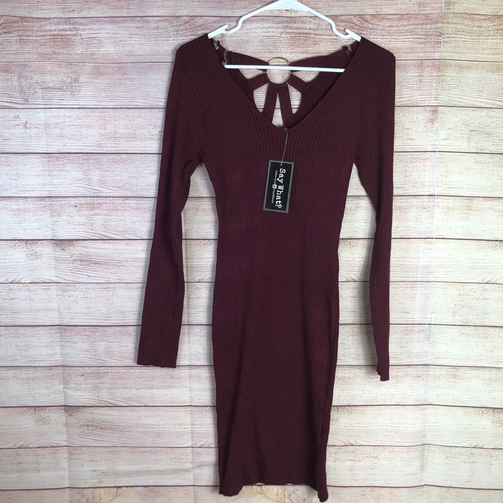 Say‎ What? Burgundy Ribbed BodyCon  Knit Dress L
